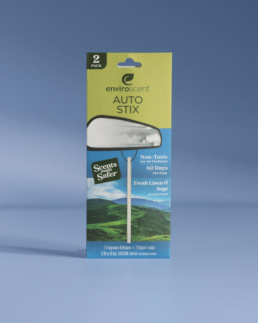 A 2-pack of EnviroScent Auto Stix in Fresh Linen & Sage scent, in its original retail packaging.