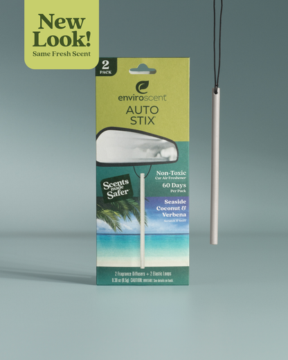 Seaside Coconut + Verbena Auto Stix in packaging