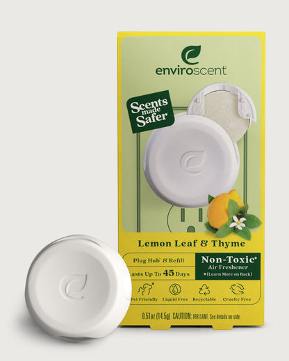 Enviroscent Plug Hub Starter Kit Lemon Leaf & Thyme scent with Plug Hub in front of original retail packaging.