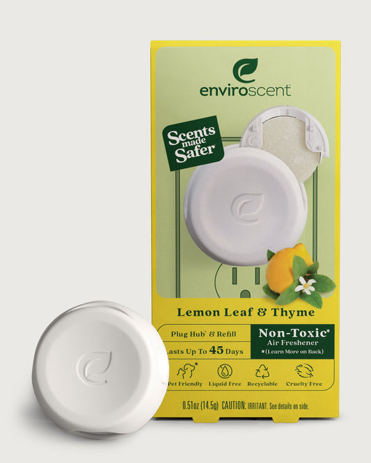 Enviroscent Plug Hub Starter Kit Lemon Leaf & Thyme scent with Plug Hub in front of original retail packaging.