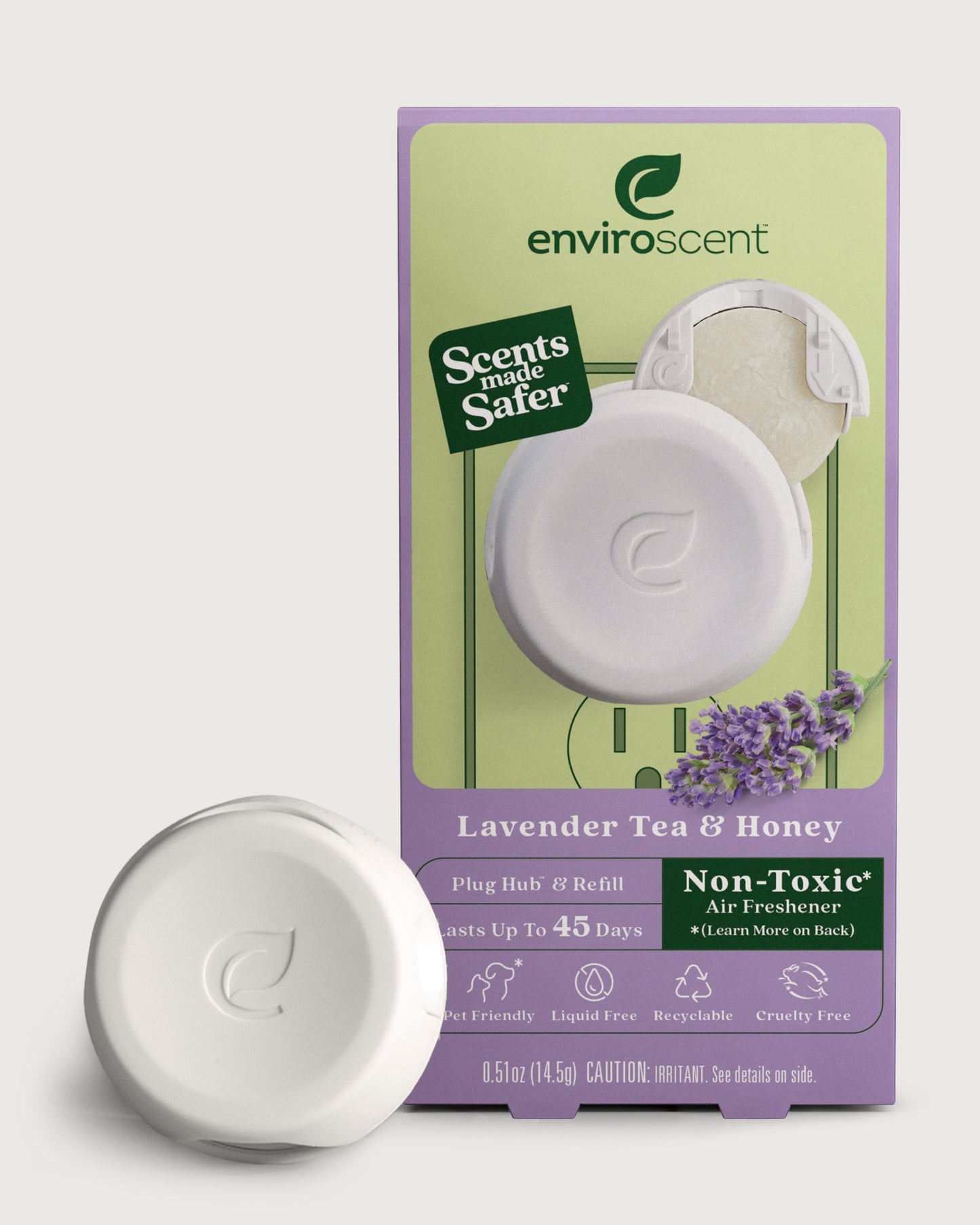 Enviroscent Plug Hub Starter Kit Lavender Tea & Honey scent with Plug Hub in front off original retail packaging.