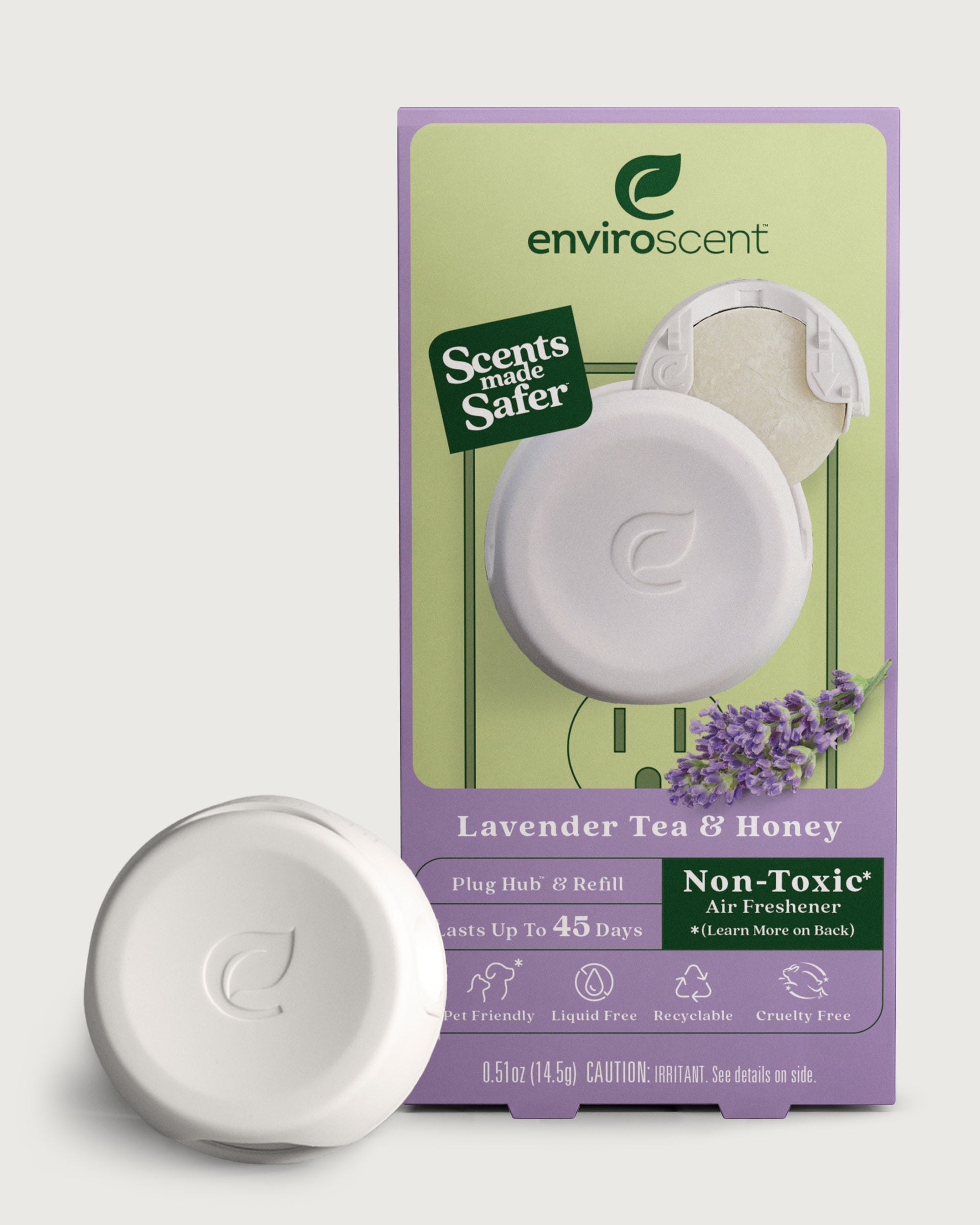 Enviroscent Plug Hub Starter Kit Lavender Tea & Honey scent with Plug Hub in front off original retail packaging.