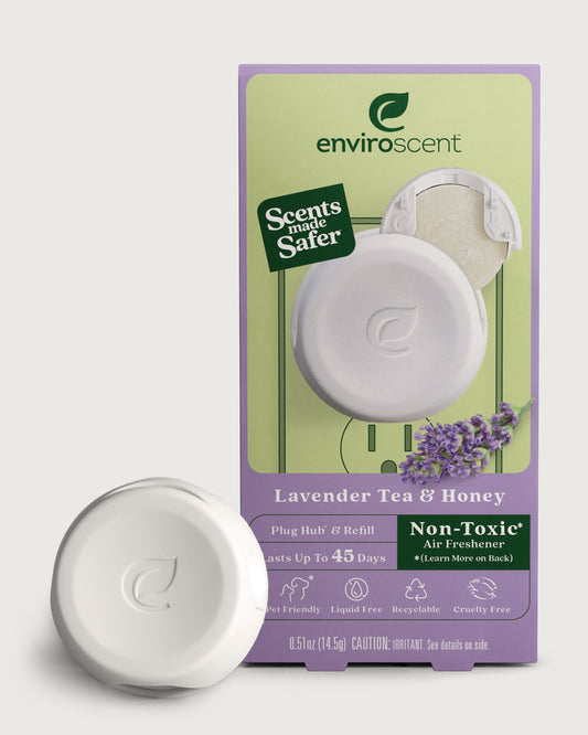 Enviroscent Plug Hub Starter Kit Lavender Tea & Honey scent with Plug Hub in front off original retail packaging.