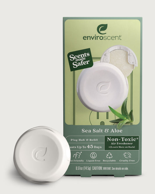 Enviroscent Plug Hub & refill in front of original retail packaging.