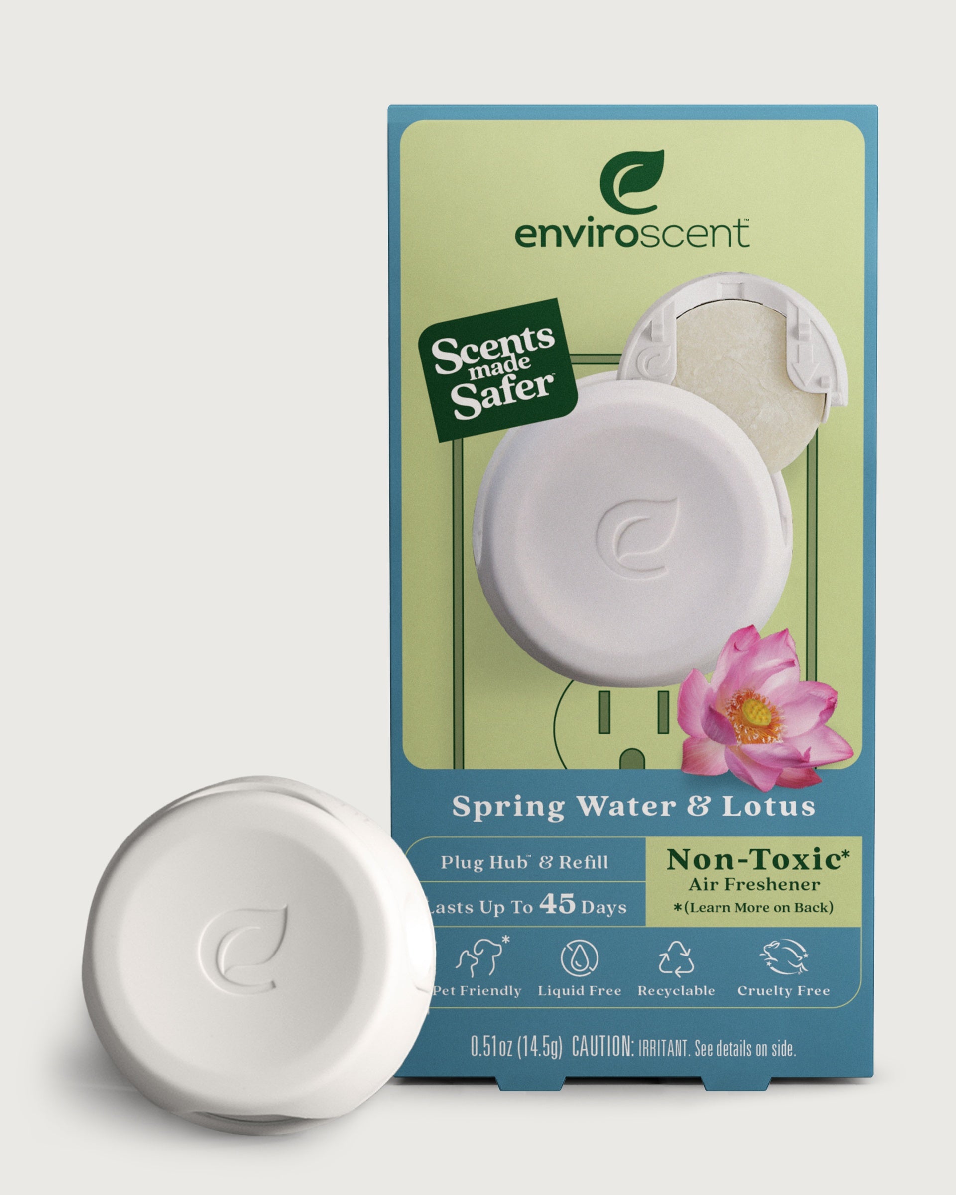 Enviroscent Plug Hub Starter Kit Spring Water & Lotus scent with Plug Hub in front of original retail packaging.