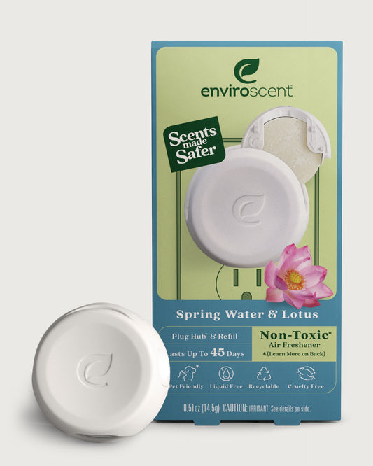 Enviroscent Plug Hub Starter Kit Spring Water & Lotus scent with Plug Hub in front of original retail packaging.