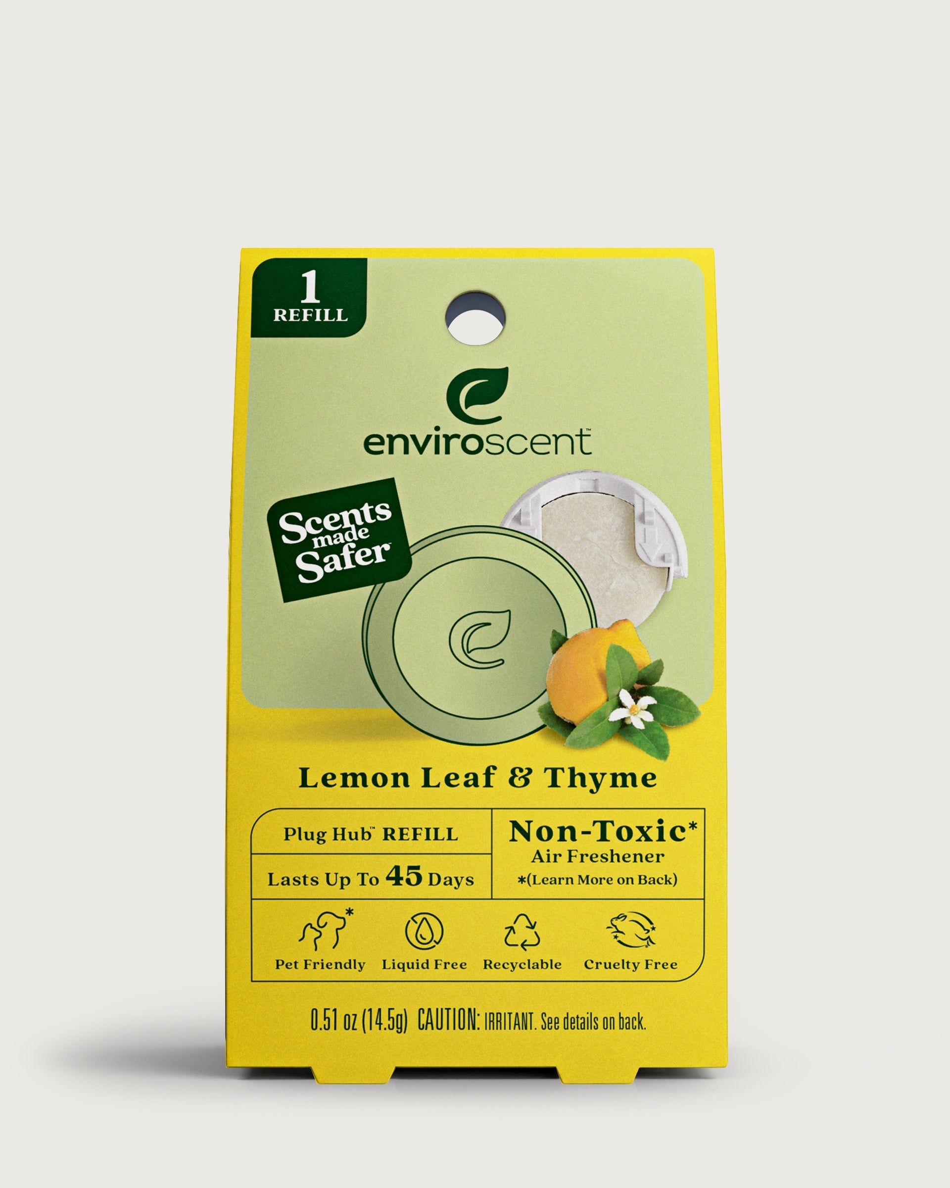 An EnviroScent Lemon Leaf & Thyme Plug Hub refill in original retail packaging.