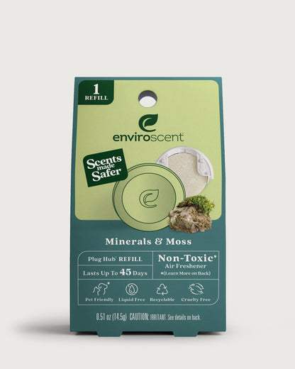 An EnviroScent Minerals & Moss Plug Hub refill in original retail packaging.