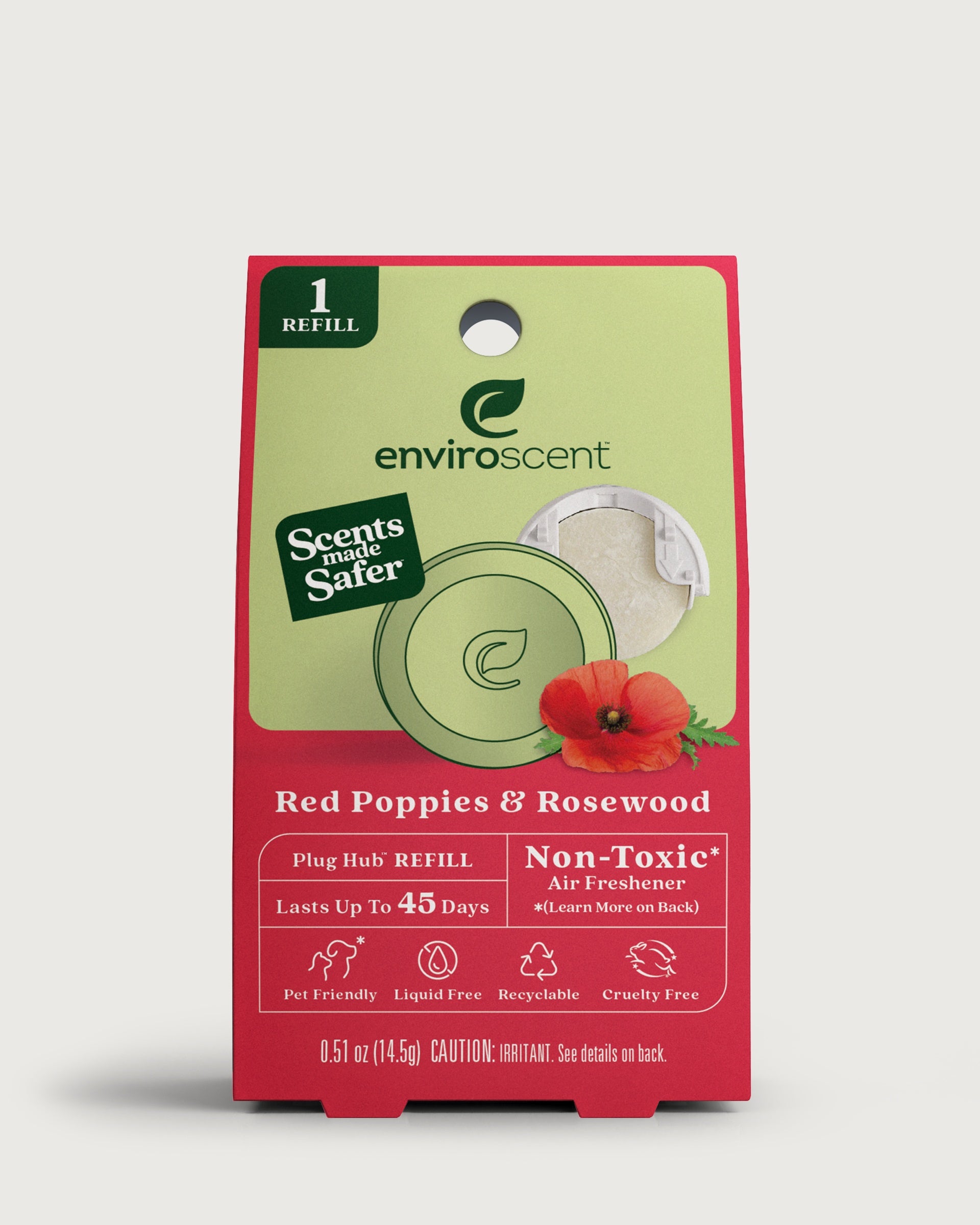 An EnviroScent Red Poppies & Rosewood Plug Hub refill in original retail packaging.