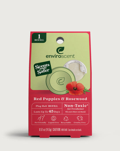 An EnviroScent Red Poppies & Rosewood Plug Hub refill in original retail packaging.