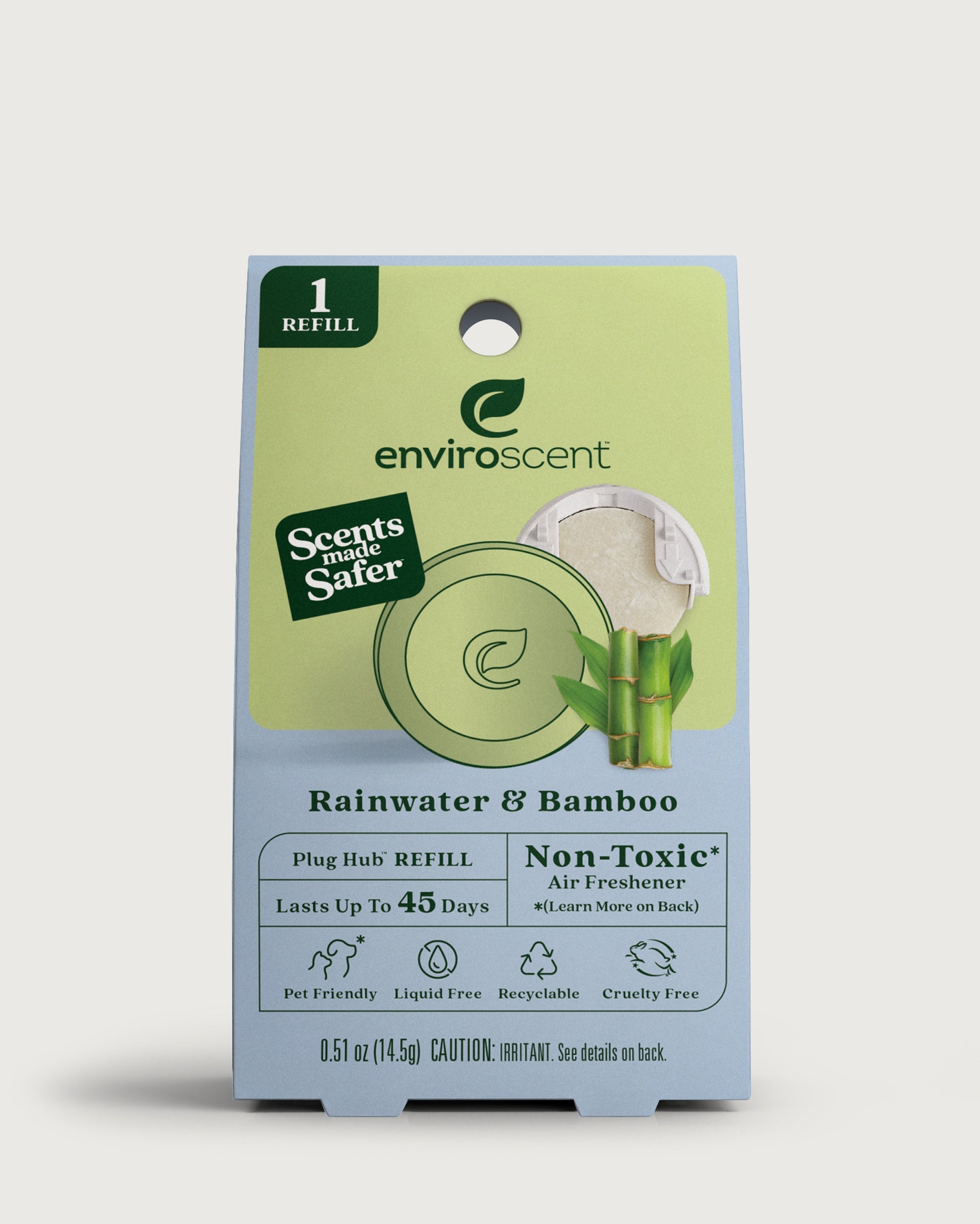 An EnviroScent Rainwater & Bamboo Plug Hub refill in original retail packaging.