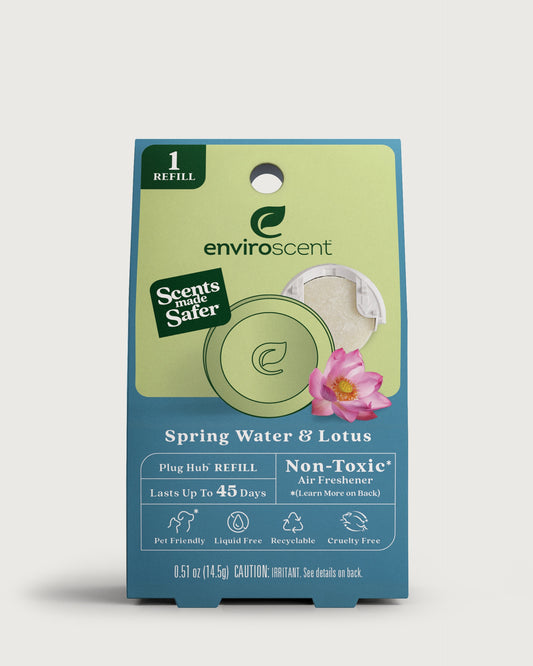 An EnviroScent Spring Water & Lotus Plug Hub refill in original retail packaging.