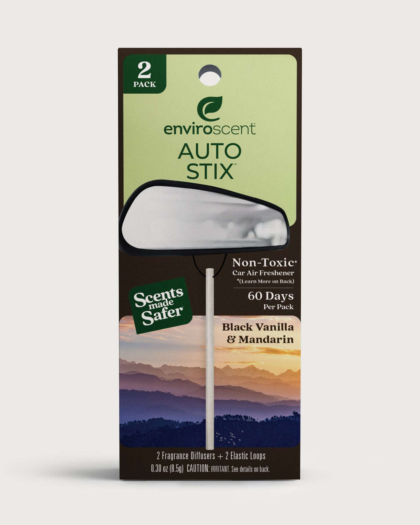 Enviroscent Auto Stix 2-pack in Black Vanilla and Mandarin scent, featuring two fragrance diffusers with elastic loops in their retail packaging.