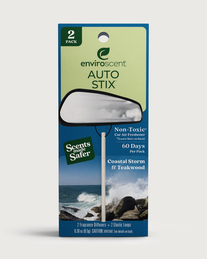 Enviroscent Auto Stix 2-pack in Coastal Storm & Teakwood scent, featuring two black-and-white diffusers in retail packaging.