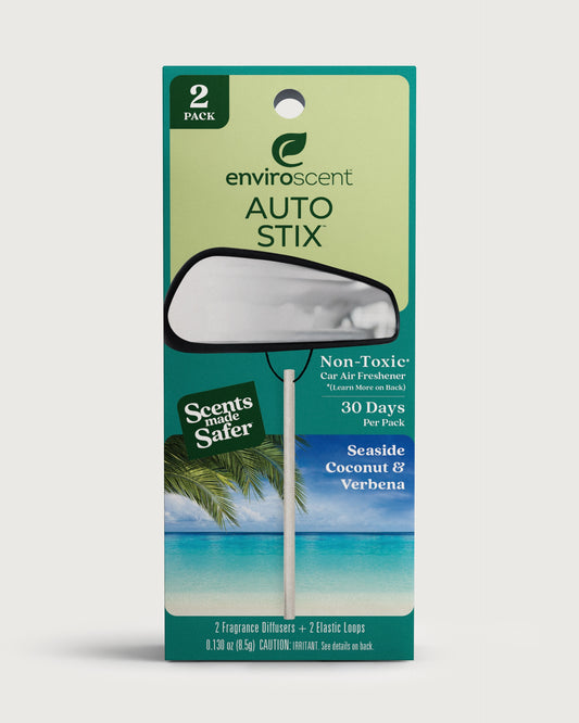 Enviroscent Auto Stix 2pk in Seaside Coconut & Verbena in retail packaging.