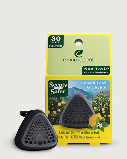 Enviroscent Non-Toxic Car Air Freshener Lemon Leaf & Thyme scent, shown in front of their  retail packaging.