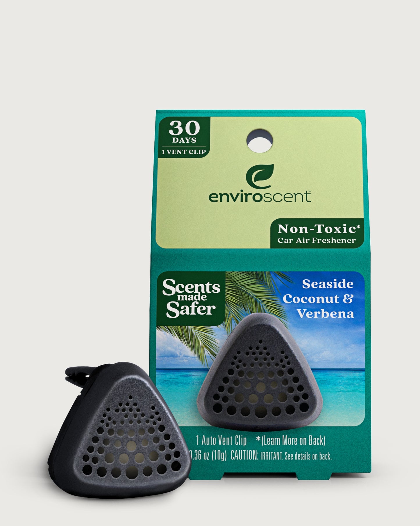 An Enviroscent car air freshener scent clip and its retail packaging, Seaside Coconut & Verbena scent. 