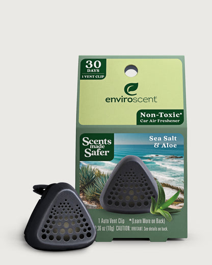 An Enviroscent non-toxic car air freshener in Sea Salt & Aloe scent in front of their retail packaging.