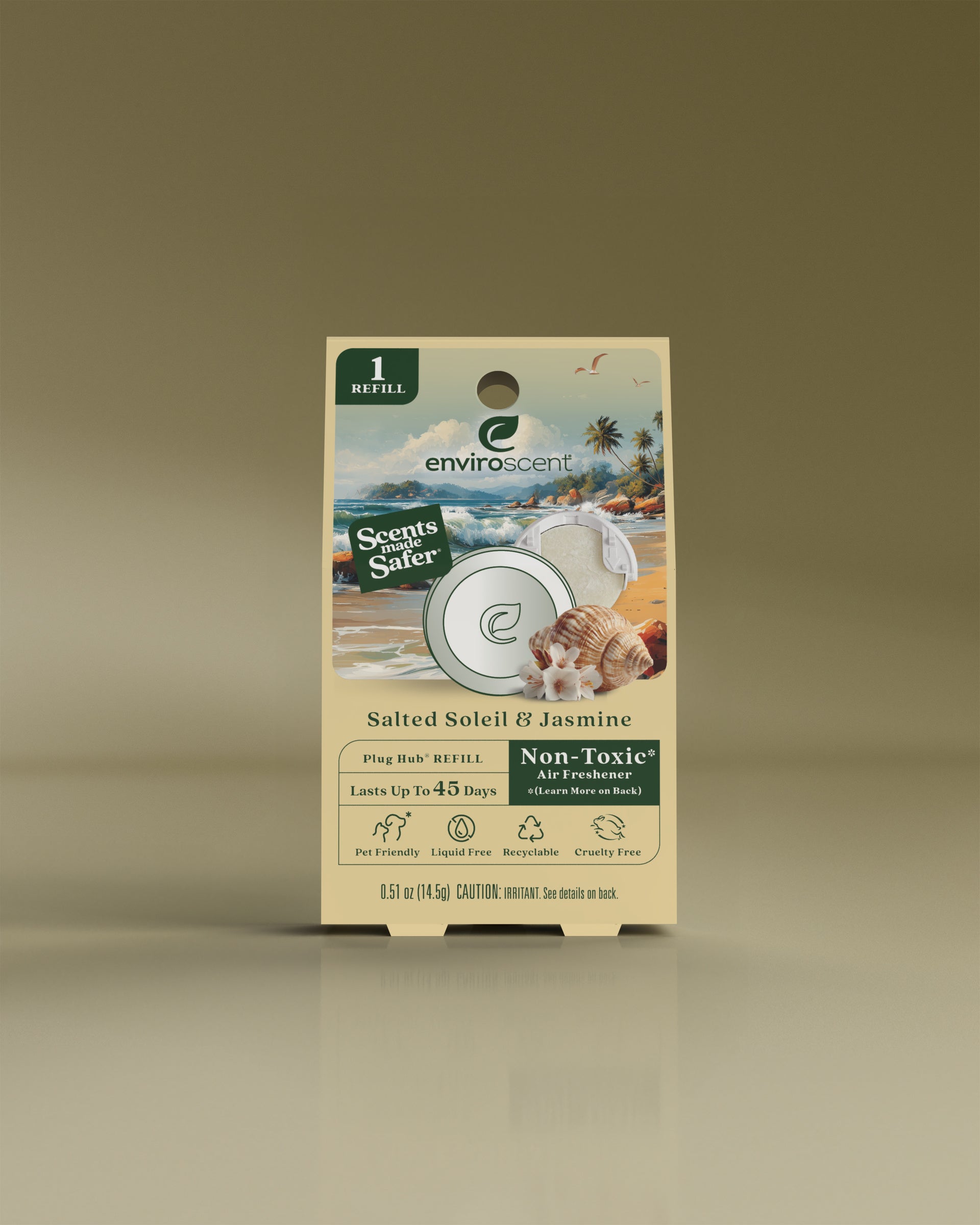 Enviroscent Salted Soleil & Jasmine Plug Hub refill in packaging on a beige background