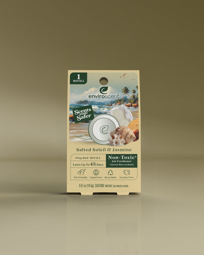 Enviroscent Salted Soleil & Jasmine Plug Hub refill in packaging on a beige background