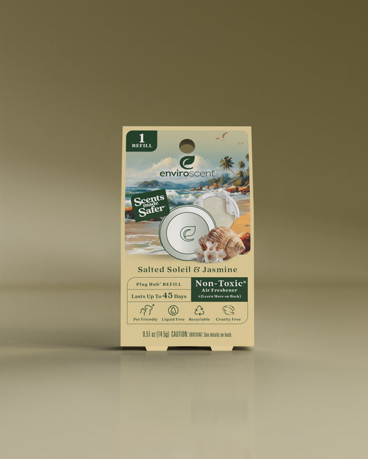 Enviroscent Salted Soleil & Jasmine Plug Hub refill in packaging on a beige background