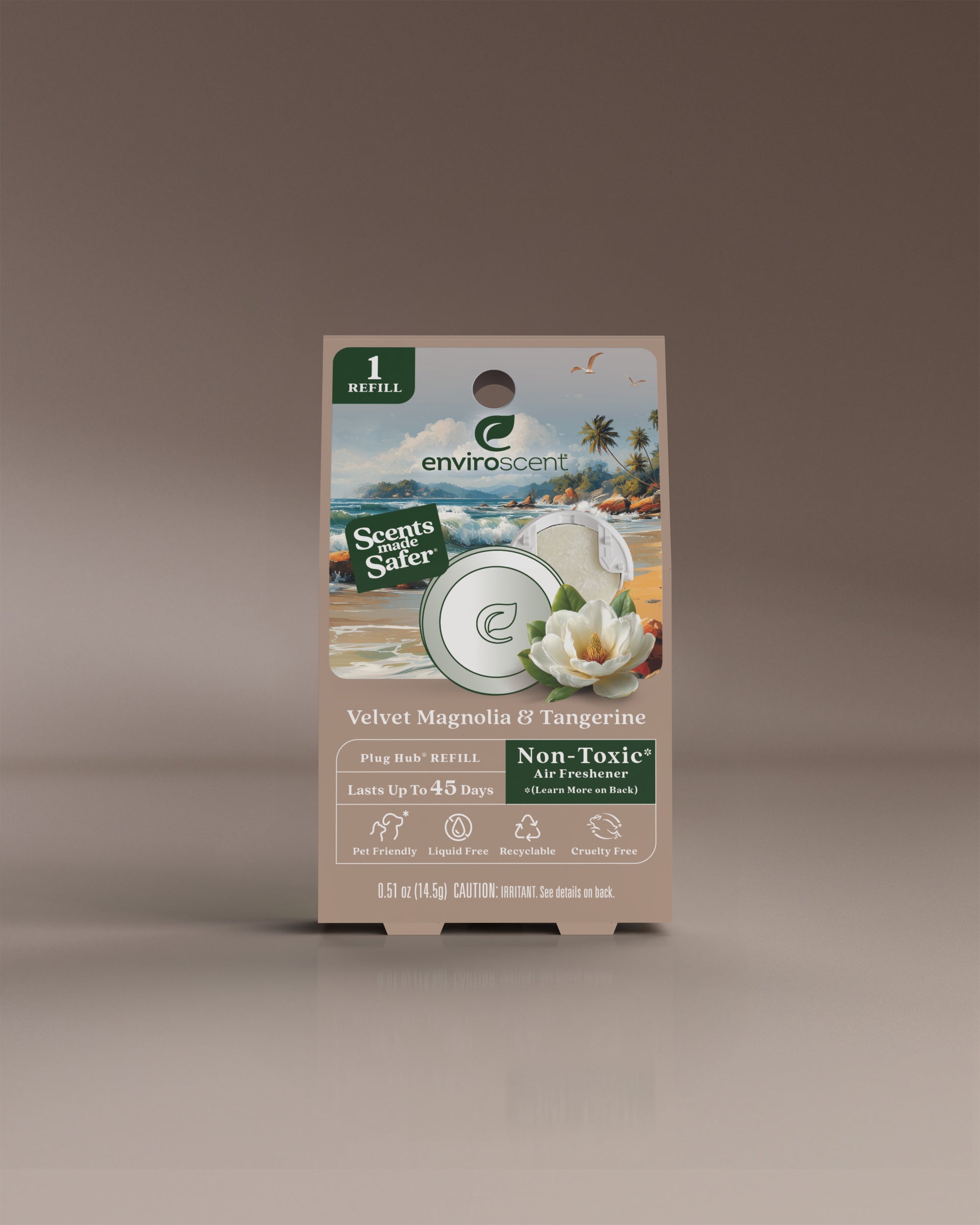 Enviroscent Velvet Magnolia & Tangerine Plug Hub refill in packaging on beige background