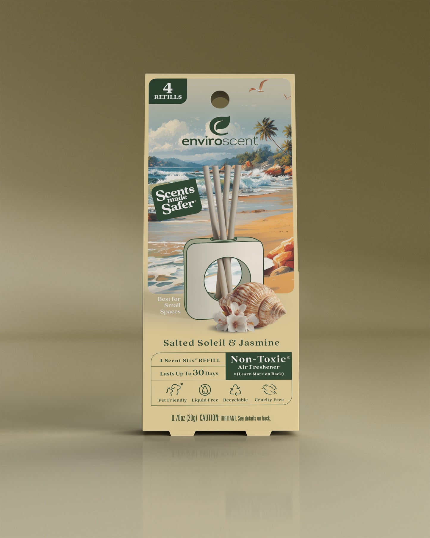 Enviroscent Salted Soleil & Jasmine Scent Stix refill in packaging on a beige background