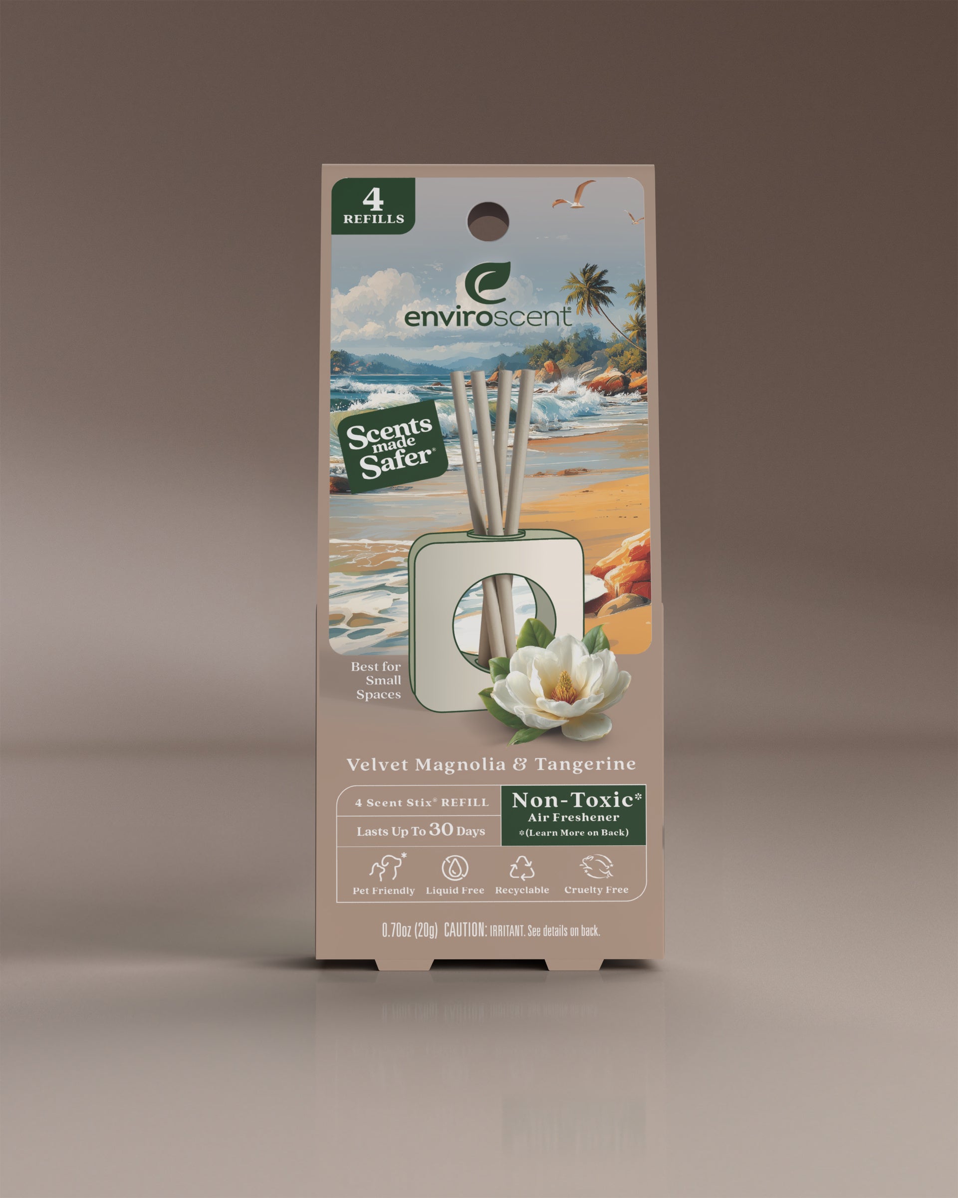 Enviroscent Velvet Magnolia & Tangerine Scent Stix refill in packaging on a beige background