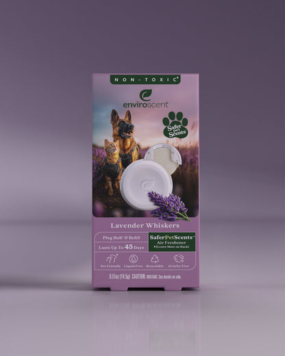 Enviroscent Lavender Whiskers Plug Hub kit in packaging with a dog and cat on a purple background
