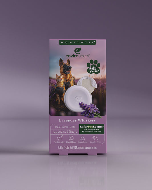 Enviroscent Lavender Whiskers Plug Hub kit in packaging with a dog and cat on a purple background