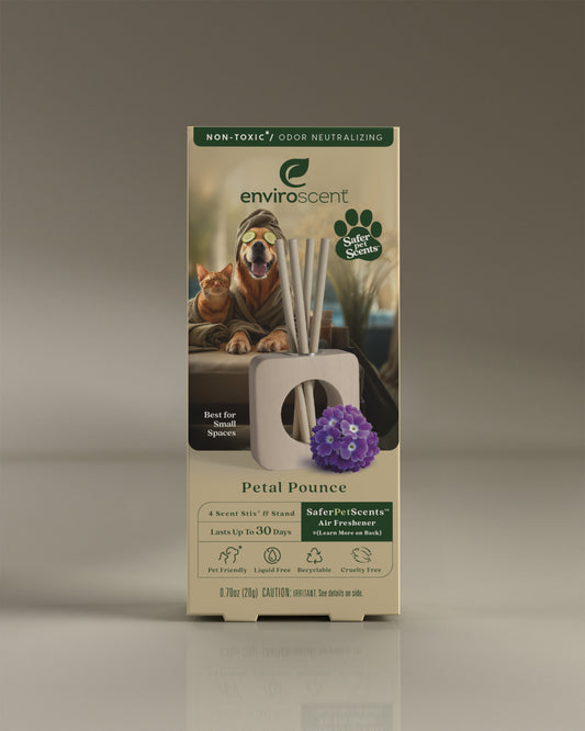 Enviroscent Petal Pounce Stix & Stand kit in packaging with images of a dog and cat on a gray background
