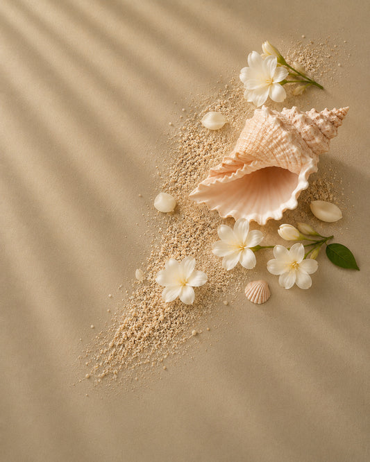Salted Soleil & Jasmine scent inspiration - sea shell and flowers on sand