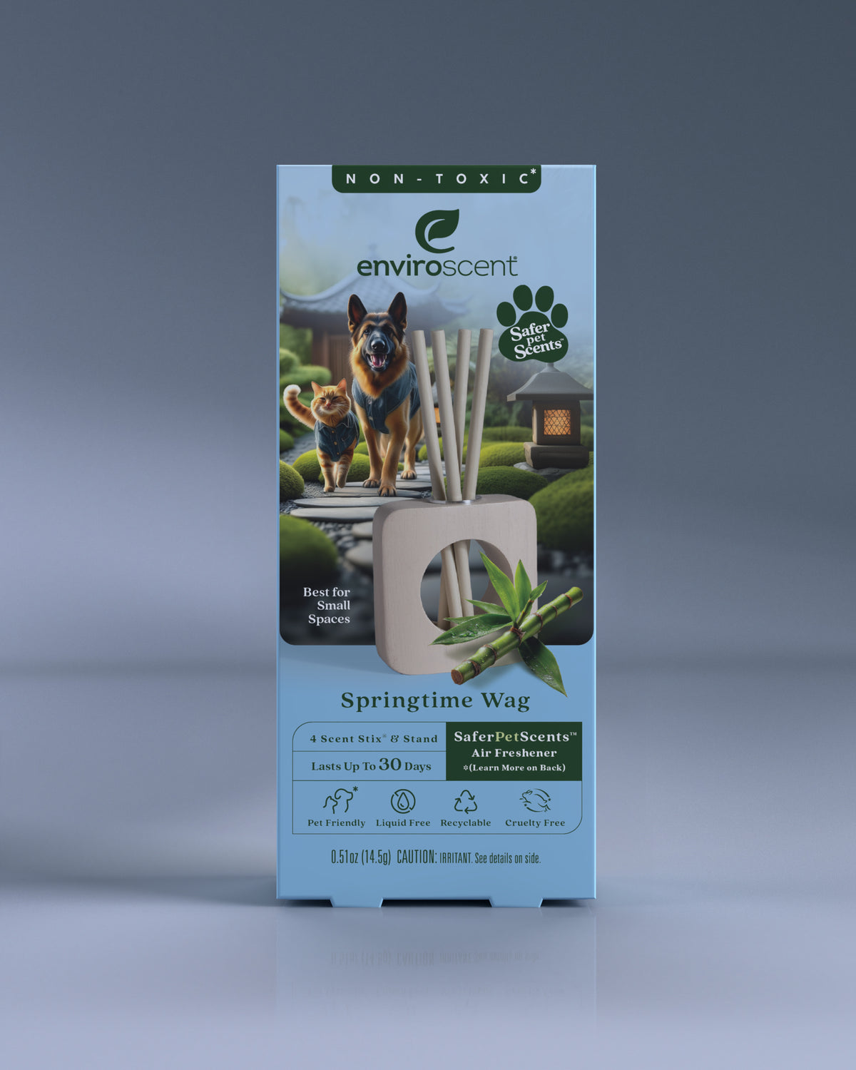 Enviroscent Springtime Wag Stix & Stand kit in packaging with a dog and cat on a blue background