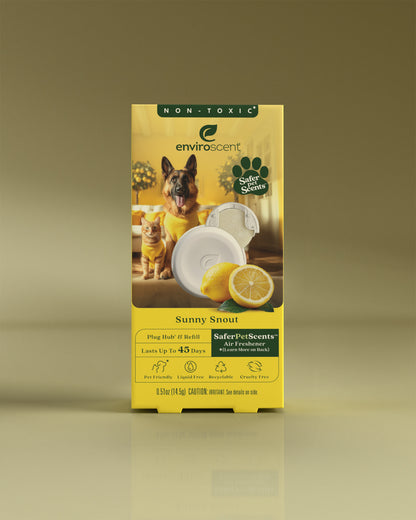 Enviroscent Plug Hub Starter Kit (Sunny Snout) in packaging with a dog and cat on a yellow background