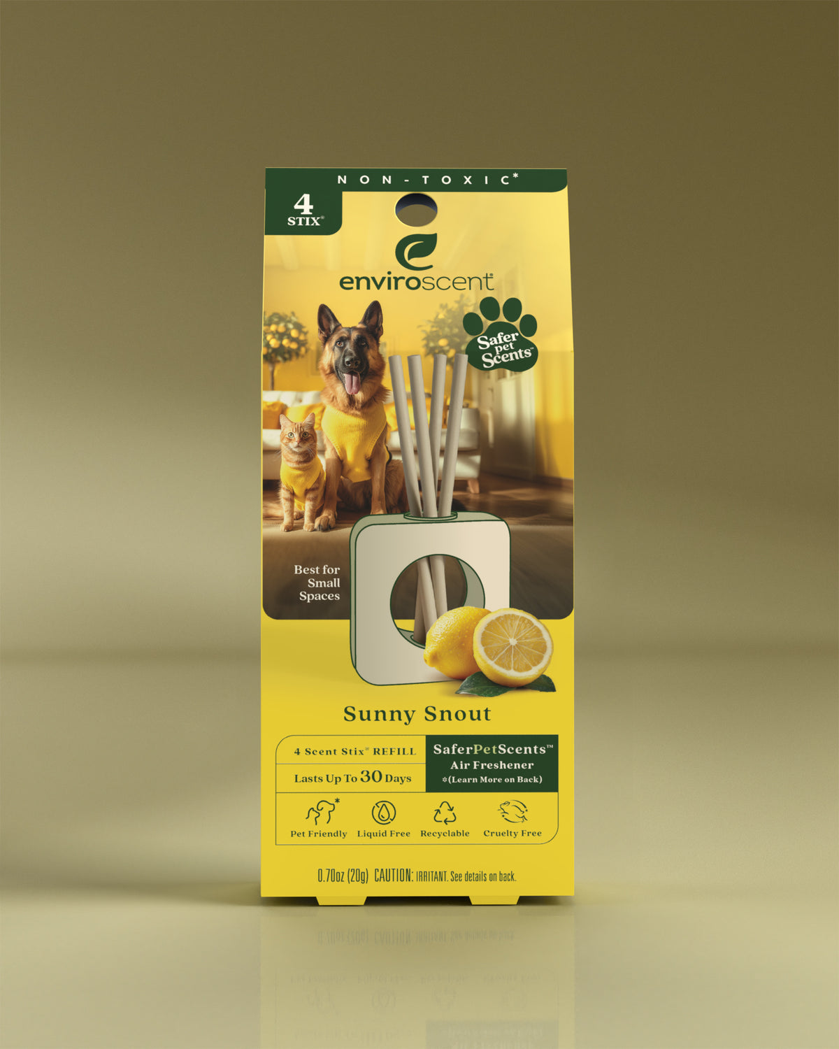Scent Stix Refill (Sunny Snout) in packaging on yellow background