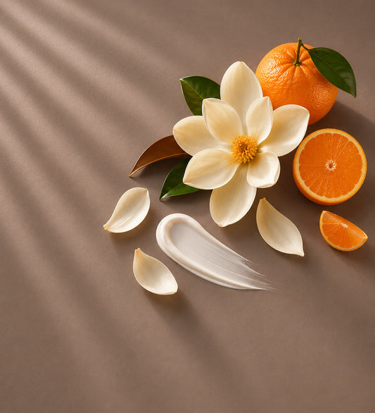 Enviroscent Velvet Magnolia scent inspiration sliced tangerine and magnolia on beige background